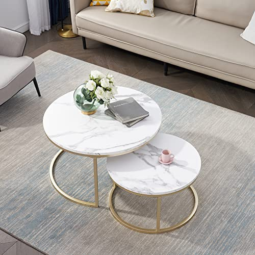 DEYARNA HOME Rund Satztische Couchtisch 2er Set, Moderner Nesting-Tisch mit Stabilem Metallgestell, Geeignet für Wohnzimmer, Balkon, Büro, Groß: 80 * 80 * 45cm; Klein: 60 * 60 * 35cm (Weiß/Gold)