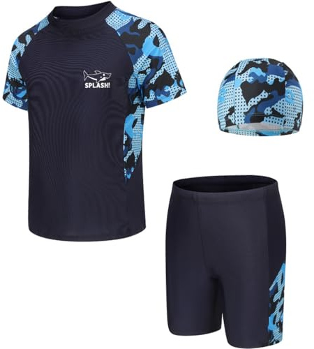 NIUAOAO Boys Swimsuits Kids 3PCS Rash Guard Sets with Hat UPF50+ Short Sleeve Swimwear Sets 5-14 Years for Boys