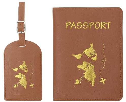 PATIKIL Passport-Cover-Halter und Kofferanhänger-Set für Männer Braun | PU-Leder-Passhülle-Halter, Reiseanhänger-Koffer-Identifikator-Reisezubehör, Frauen