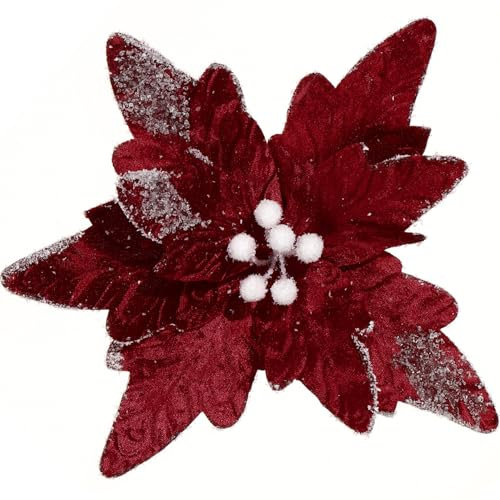 GL-Turelifes Lot de 6 grandes fleurs de poinsettia artificielles pliées en velours pour décorations de Noël, Nouvel An, mariage (rouge vin) - 30 cm