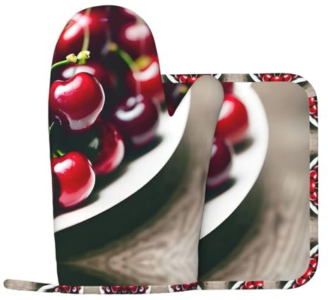 Guanti da forno in silicone con ciliegie rosse e presine, per grigliare e cuocere al forno