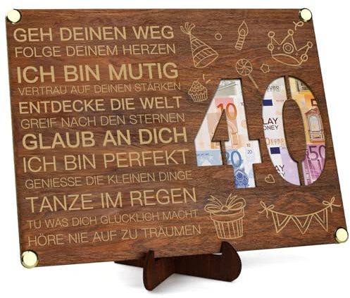 Inspirierende 40. Geburtstag Geldgeschenke Holz mit Geburtstagskarte, Motivationsgeschenke zum 40 Geburtstag Mann Frau, 40. Geburtstag Geschenkverpackung mit Sprüchen Positiv (40)