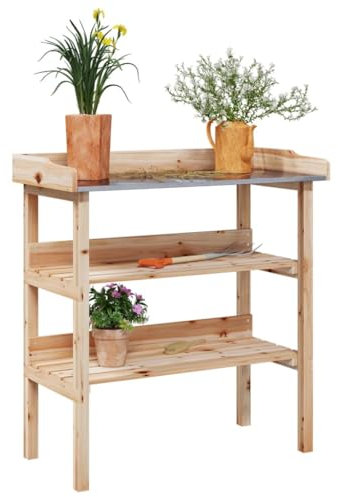 Makastle Garden Pflanztisch Planter mit verzinkter Arbeitsplatte, Outdoor Blumentisch Gärtnertisch wetterfest Holzpflanztisch mit Abstellböden, 78x38x82,5 cm Massivholz Tanne