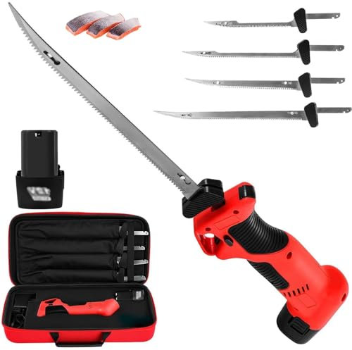 DOJOEUU Coltello elettrico per sfilettare il pesce senza fili, coltello per sfilettare ricaricabile con 4 lame rivestite in acciaio inossidabile e batteria, blocco di sicurezza, coltello