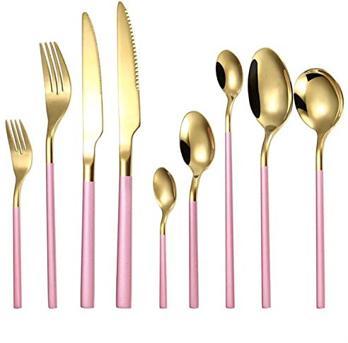 HONGYEMY Besteck-Sets 9-teilig Besteck-Set Gold/Silber Besteck Glänzend Edelstahl Geschirr-Sets Küche Gabel Löffel Messer Stahl Besteck Silberbesteck S