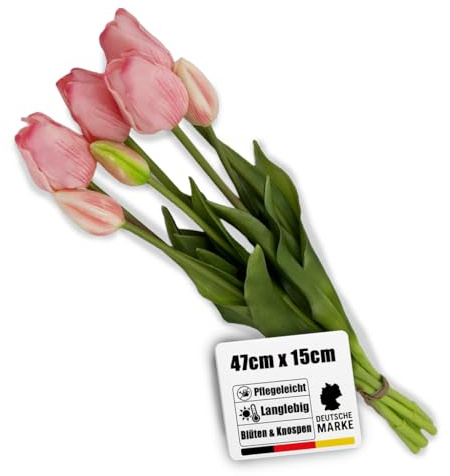 Botanic-Haus künstliches Tulpenbündel/künstlicher Tulpenbund Sandy lang mit 4 Tulpen und 3 Tulpenknospen Farbe: rosa real Touch, erfrischende künstliche Blumen für Ihre Frühjahrsdeko