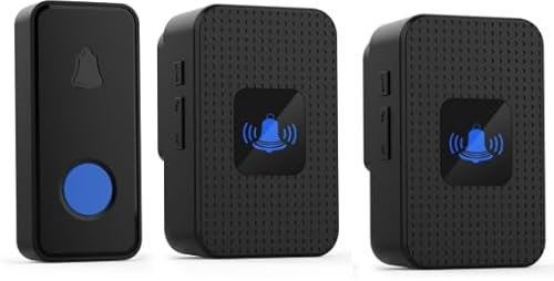 Wireless Doorbell, IP55 Waterproof Plug-in Cordless Doorbell Kit-300M, 55 Ringtones, 5 Levels of Volume, LED Indicator, 1 Transmitter + 2 Receivers, Black