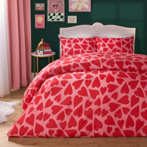 OHS King Size Duvet Cover Set Hearts, Valentines Gifts for Her Super Soft Cosy Warm Microfibre King Size Bedding Valentines Decorations Luxury Quilt Cover Set with Matching Pillowcases, Red/Pink
