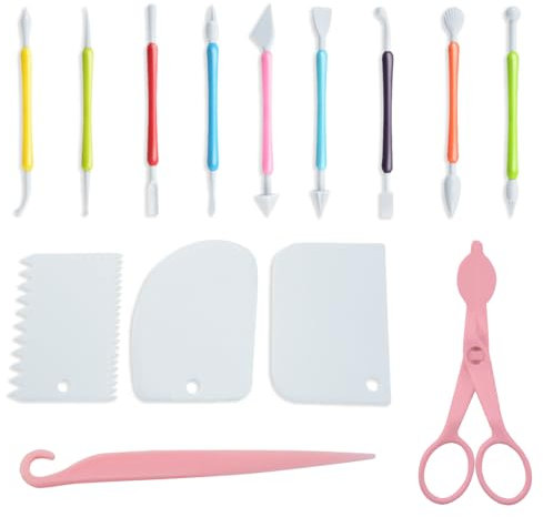 Roucerlin 14 Pieces Beginner Fondant Cake Decorating Tools Set, Plastic Fondant Sculpting Tools with Cake Scraper Smoother, Stripping Knife & Scissors, Fondant Modelling Cake Decoration Tool