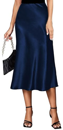 Satinkjol för kvinnor elastisk midja hög midja elegant siden maxi sommar business midikjol, Marinblå, XL
