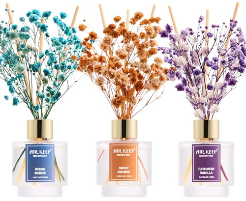 Airkeep Raumduft 50ml x3, Reed Diffuser mit Ocean Breeze, Sweet Orange, Cashmere Vanilla, Raum Duft mit 24 Duftstäbchen, Lufterfrischer für Badezimmer, Wohnung, Heimdekoration
