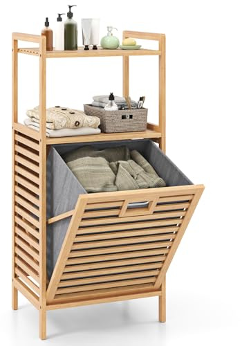 COSTWAY Badregal mit Wäschekorb, Regal aus Bambus, Badschrank mit 2 Ablagen & Ausklappbarer Korb aus Stoff, Wäschesammler für Badezimmer, Waschküche, Natur, 43,5 x 33 x 96 cm