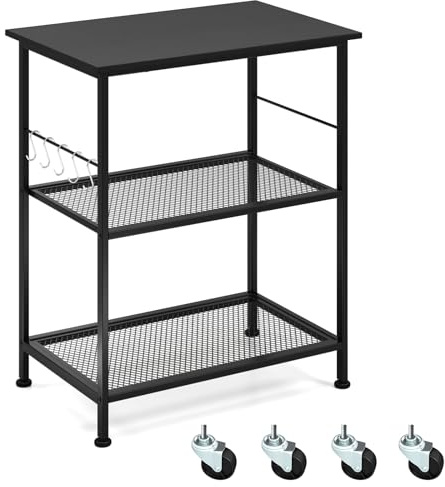 GiantexUK Kitchen Baker's Rack, 3 Tier Serving Cart Microwave Stand with Shelves, Lockable Wheels & 5/10 Hooks, Rolling Storage Trolley for Home Office Living Room(Black, Lower Mesh Shelves)
