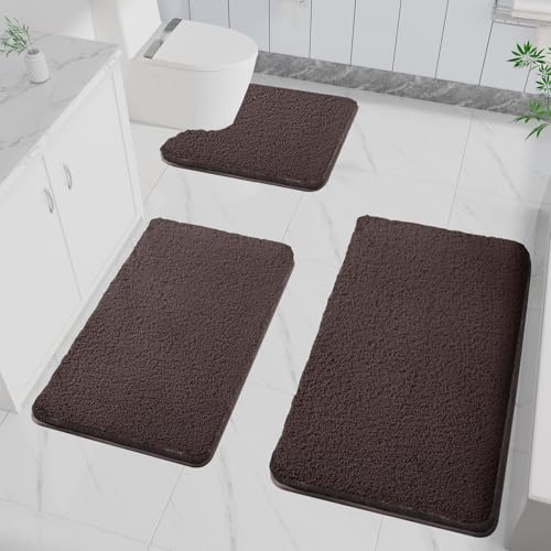 LUOJINYI 3 alfombrillas de baño antideslizantes, suaves y absorbentes de agua, de microfibra de pelo largo, para el baño, lavables a máquina para bañera, ducha y baño (café)