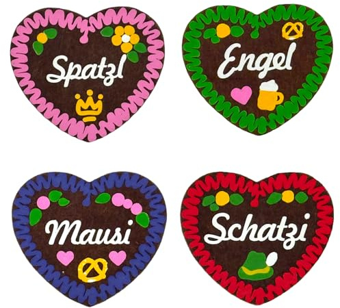 4er-Set Filzherz Anstecker Mix im Lebkuchenherz-Design (7 x 6,5 cm) - Oktoberfest Volksfest Wiesn Accessories Fasching Geburtstag Hochzeit Junggesellinnenabschied Bayerische Party (Mix - bunt)