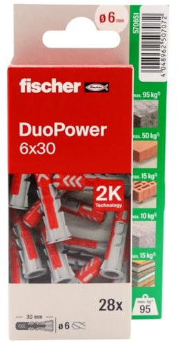 fischer - Duopower 6x30-28U, tasselli da parete multimateriale, servono per appendere biciclette, quadri, armadi, supporti TV, scaffali, mobili.