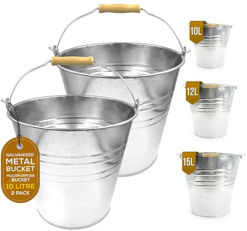 Strong Galvanized Metal Bucket Large Capacity 10L 12L 15L - Pack of 1 or 2 - Perfect for Water Fire Garden Ice Coal Cleaning etc (PACK OF 2, 10L)