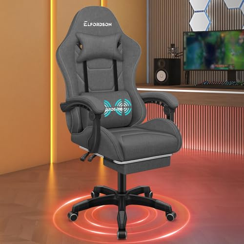 ELFORDSON Gaming Chair with 2-Point Massage Lumbar Cushion, High Back PC Computer Game Chair, 150° Reclining Office Chair with Headrest & Footrest, 360° Swivel, Fabric, Dark Grey - Home, Esports