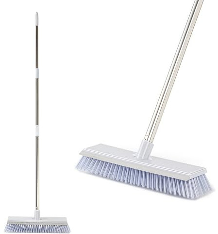 2 in 1 Floor Scrubbing Brush with Long Handle, Adjustable Stiff Bristles Scrub Brushes,Heavy Duty Stiff Bristle Floor Brush with Squeegee, for Cleaning Kitchen, Bathroom, Garage, Pool, Patio, Tile Flo