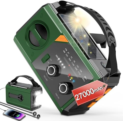 27000mAh Wind Up Radio with Solar, Hand Crank, Battery Power, Rechargeable Emergency radio with FM/AM, Bluetooth-compatible 5.0, SOS Alarm, Torch, Reading Light for Camping, Hiking, Survival