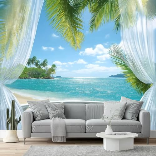 Fotomurales Balcón con vista al mar en Coconut Palm Beach Papel Tapiz Moderno 250 x 175 cm Papel pintado tejido no tejido coración Pared corativos Sala Living Oficina Dormitorio Azul Blanco