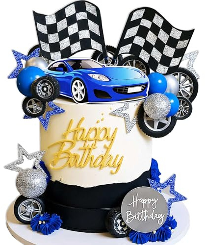 LaVenty Race Car Cake Decorations Car Cake Topper Checkered Flag Cake Topper Growing Up Two Fast Birthday DecorFast One Fast Three Need Four Speed Birthday Decorations