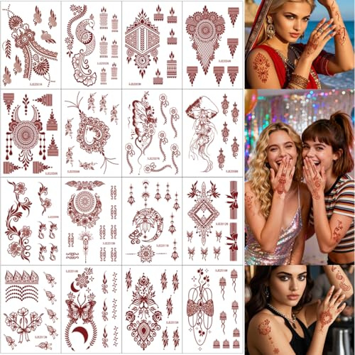 XMASIR 16 Sheets Temporary Tattoo Stickers Kit, Brown Fake Tattoos Sticker Butterfly Bowknot Flower Tattoos Waterproof for Girls Women Wedding Party (Brown)