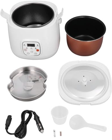 Car Rice Cooker 2L 12V Fast Cooking Electric Rice Pot with Anti Stick Coating Insulation Function Steam Plate for Travel Camping Car ABS Material
