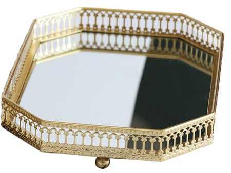 Vibhgtf Bandeja de Tocador Dorada – Plato de Vidrio con Espejo, Organizador Compacto para Fragancias | Accesorio Decorativo para Encimeras, Dormitorio Baño Maquillaje, para apartamento oficina