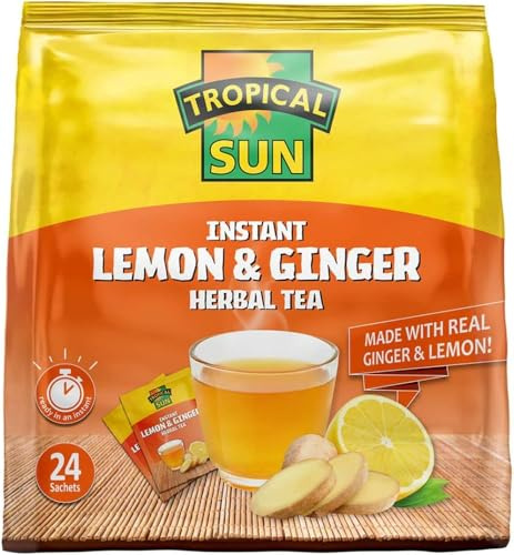 Tropical Sun Instant Lemon & Ginger Herbal Tea, Made with Real Ginger & Lemon, 24 Sachets