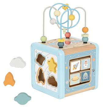 TOOKY TOY FSC träaktivitetskub - motorisk kub med pärlor & kulram labyrint, pedagogisk montessorileksak, motorisk och kognitiv utveckling, gåva från 18 månader