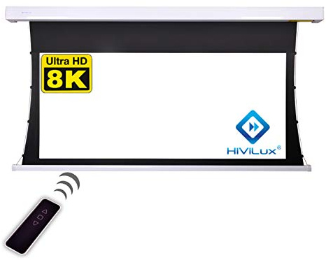 HiViLux TXN – Pantalla de proyector motorizada, ganancia 1,0, tela blanca profesional de pantalla de cine / 3D / 4K / UHD / estructura de aluminio / sin efecto brillante o puntos / sin telas ni fibra de vidrio