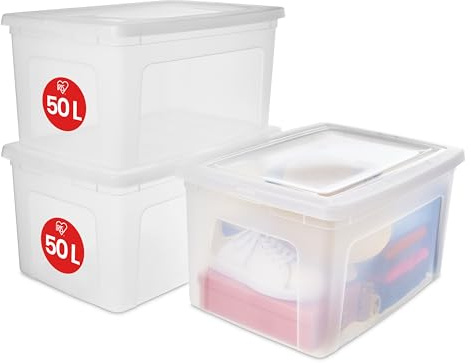 Iris Ohyama Scatole Portaoggetti, 50L, Set di 3, Trasparente, Chiusura facile, Impilabile, Plastica Trasparente, Per Armadio, Scaffali, Scuola, Organizzazione, Giocattoli, Cartoleria, Scarpe, MCB-50