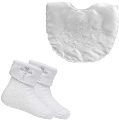 Baby Boys & Girls Christening Set, Bib & Socks Gift Set, White, 6-12 Months