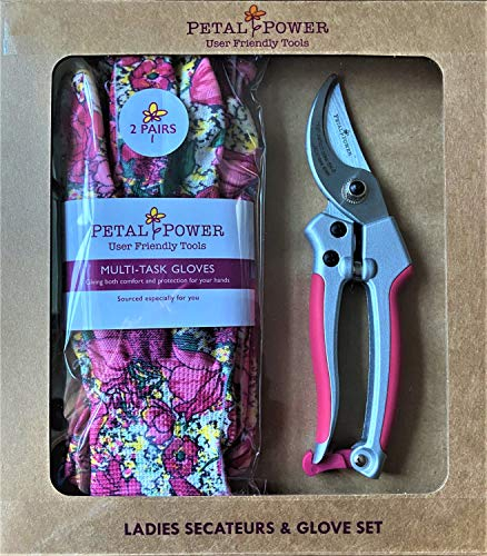 Ladies Gardening Gloves (2 Pairs) and Secateurs Set - Perfect Garden Gift for Women (Glove Medium, Secateurs Pink)
