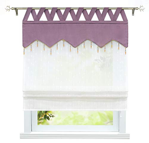 ESLIR Raffrollo mit Schlaufen Raffgardinen Transparent Küche Gardinen Landhausstil Schlaufenrollo Leinen Violett BxH 120x140cm 1 Stück