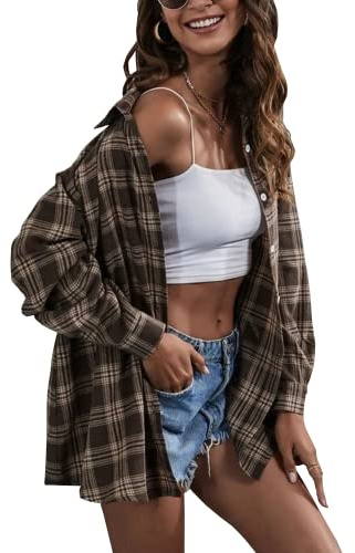 Lumister Womens Oversized Flannel Shirt Plaid Top(0075-Coffee-M)