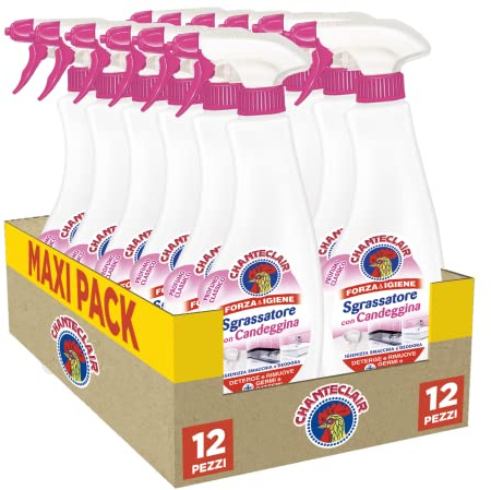 Chanteclair - Sgrassatore con Candeggina, Profumo Classico, Ideale per Smacchiare, igienizzare e Deodorare, Linea Forza&Igiene - 12 Flaconi da 625 ml