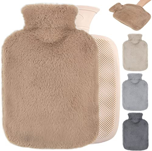 Wärmflasche mit Bezug - 2L Groß Wärmflasche mit Kängurutasche, Wärmflasche Kinder, Wärmflaschen zur Behandlung von Schmerzen & Fieber, Bettflasche für Kinder und Erwachsene (Braun)
