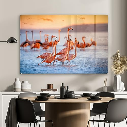 MuchoWow Glasbild Glasfoto Wandbild Bilder Deko 120x80 cm Flamingo - Tiere - Wasser - Rosa