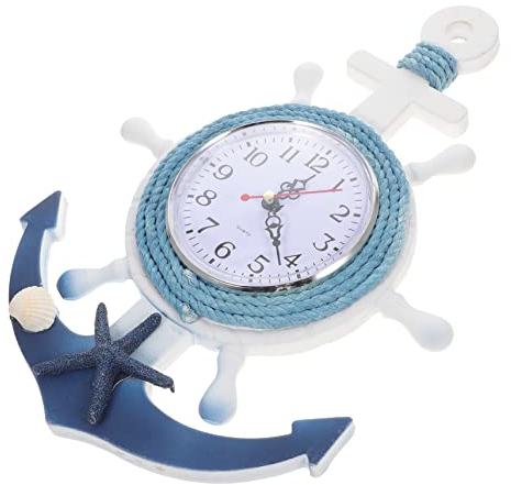 HOMSFOU Wohnkultur Wanduhr Kinder Hausverzierungen Blaue Wanduhr Außenuhr Nautische Hängeuhr Schiffslenkraduhr Strandwanduhr Antikes Holzboot Fischernetz Bootsankeruhr Wanduhr Nordsee