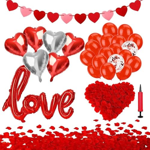 Romantic Valentines Decorations for Wedding Valentines Day and Engagement | Include 1000 Rose Petals + Love & Heart Balloons + Heart Garland Banner + Balloon Pump for Wedding
