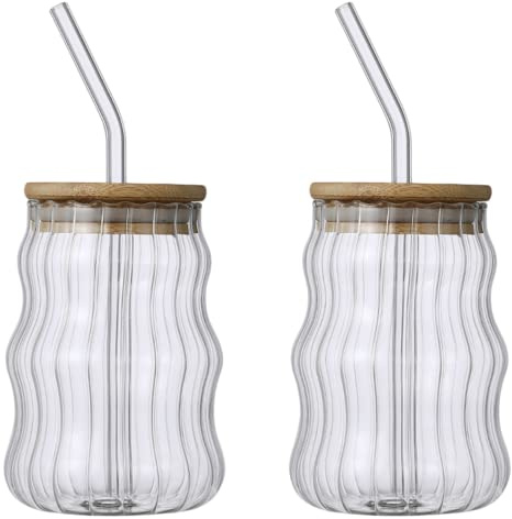 VONGLYHOO Ribbed Glassware Drinking Glasses with Straws and Lids Wave Fluted Glassware 500ml Coffee Cups Tumbler for Juice Beverage 2pcsribbed Cups Ribbed Drinking Glasses Juice