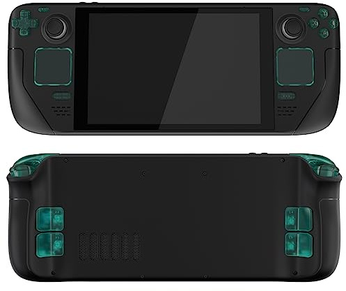 eXtremeRate Ersatz Tasten Set für Steam Deck LCD Konsole, DIY-Knöpfe ABXY/D-Pad/Trackpad/View/Option/Quick-Access/Trigger Buttons Back Paddles Zubehör für Steam Deck Console-Transparent Smaragdgrün