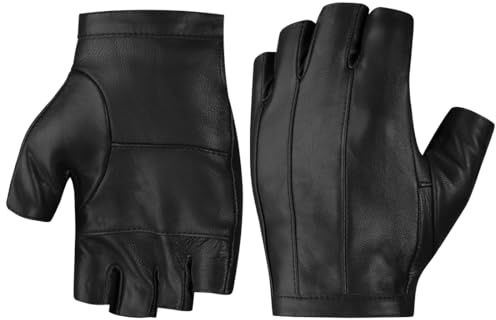 Harssidanzar Fahrhandschuhe für Männer,Ungefütterte Fingerlose Half Finger Leder Fahrhandschuhe KM049EU