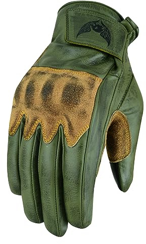 Leatherick Guanti da moto in pelle bovina da uomo - Guanti da moto resistenti, compatibili con touch screen con nocche in pelle scamosciata protettiva certificate CE (Verde Vintage, XL)