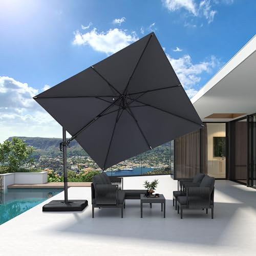 PURPLE LEAF 3 X 3 M Garden Cantilever Swivel Parasol, Large Square Patio Umbrella with Crank Handle and Tilt for Balcony and Outdoor, Light Grey