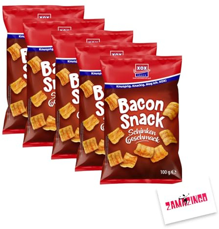 XOX Bacon Snack 100g | Knuspriger Genuss, herzhaft kräftiger Schinken Geschmack inkl. Zama4Zingo Karte (5er Pack)