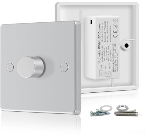 VIPMOON DC 12-24V LED Dimmer Switch, PWM Push ON/Off Rotary Dimmer, Silver | Compatible with Single Color LED Strip Lights and Dimmable Lamps, Ideal for Caravan, Campervan, Boats Use