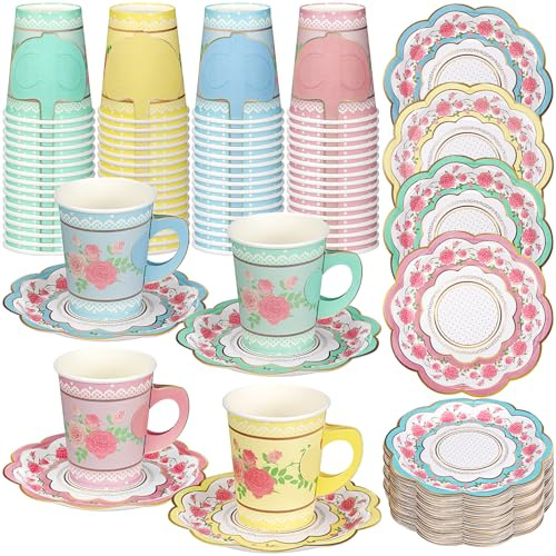 FillTouch 100 Sets Floral Paper Tea Cups and Saucers Disposable Paper Tea Party Supplies 9 oz Cups with Handle and Saucer for Birthday Wedding Party Decorations (Classic Style)